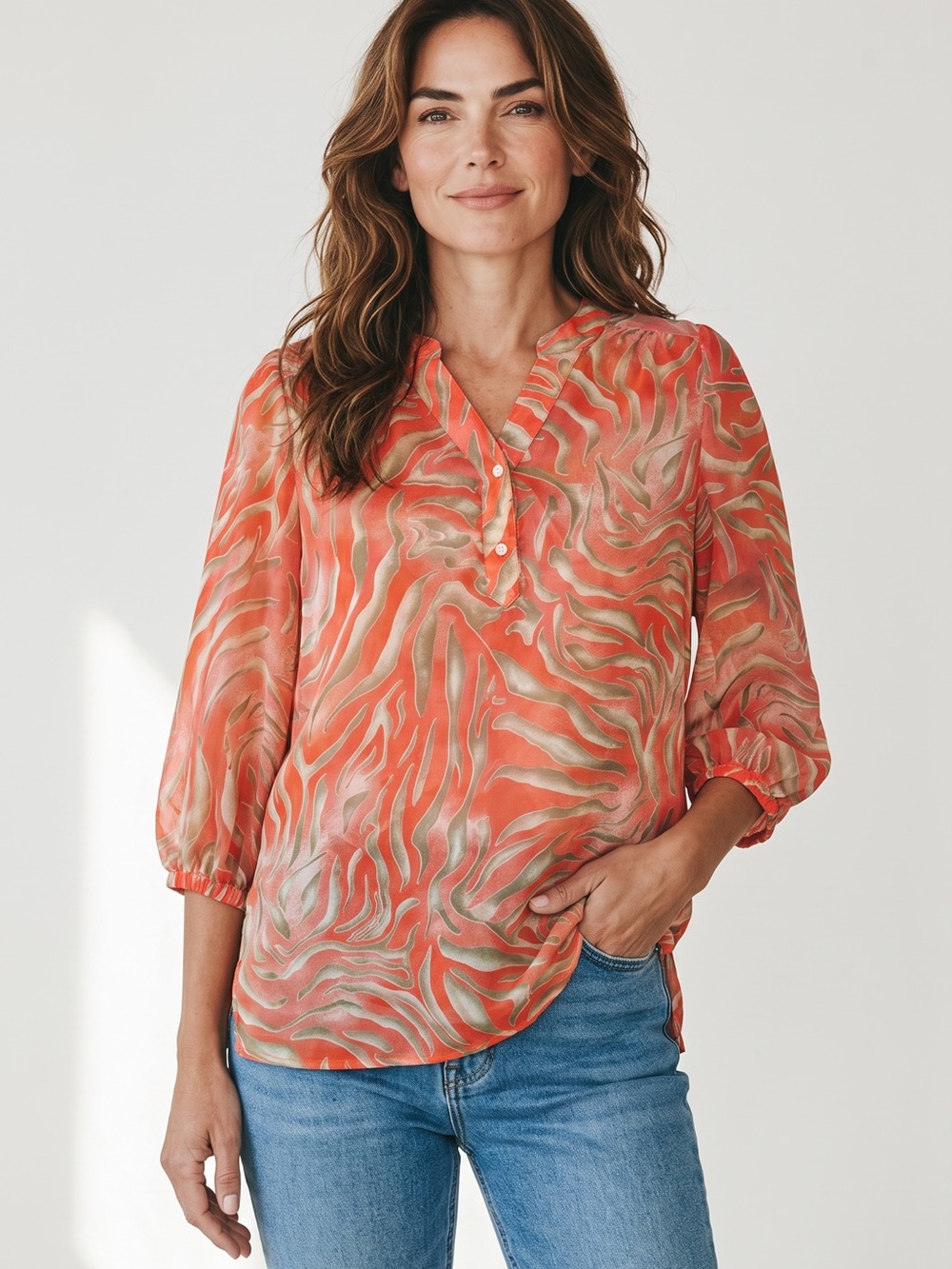 Chico's Coral and Gold Printed Split-Neck Blouse
